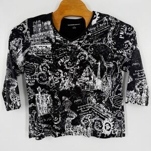 Allison Daley Womens Paris Toile Print‎ V-Neck 3/4 Sleeve Black White Top Large